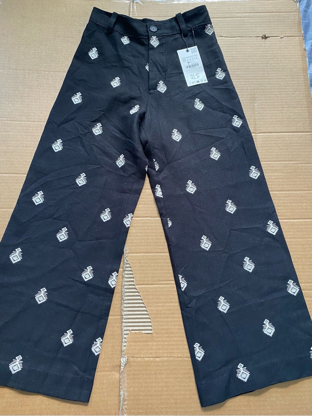 Zara Black Wide-Leg Embroidered Logo Pants
